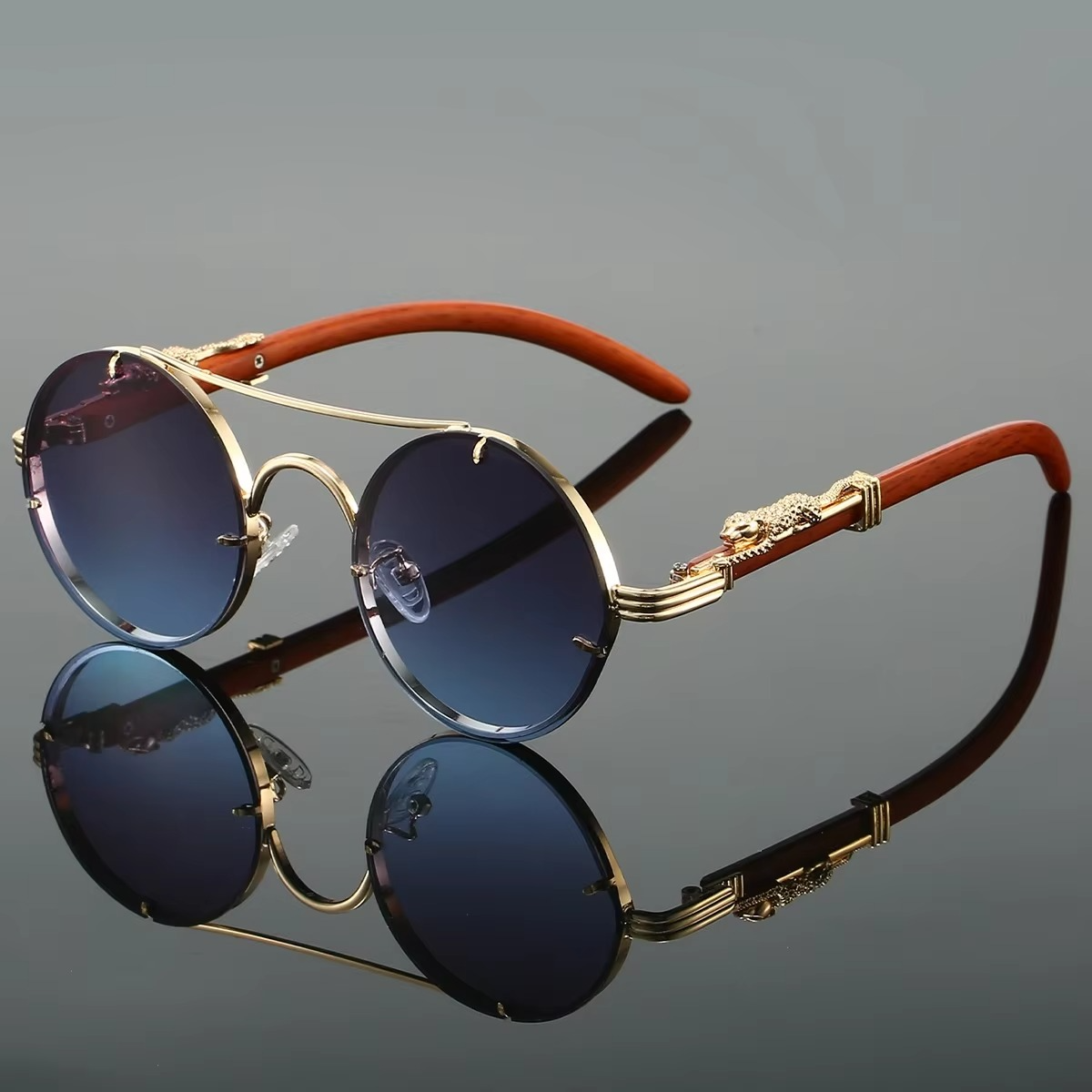 Vintage Round Sunglasses With Double Bridge Unisex Gold Tone Frame Red Tinted Lenses By Street-Wave