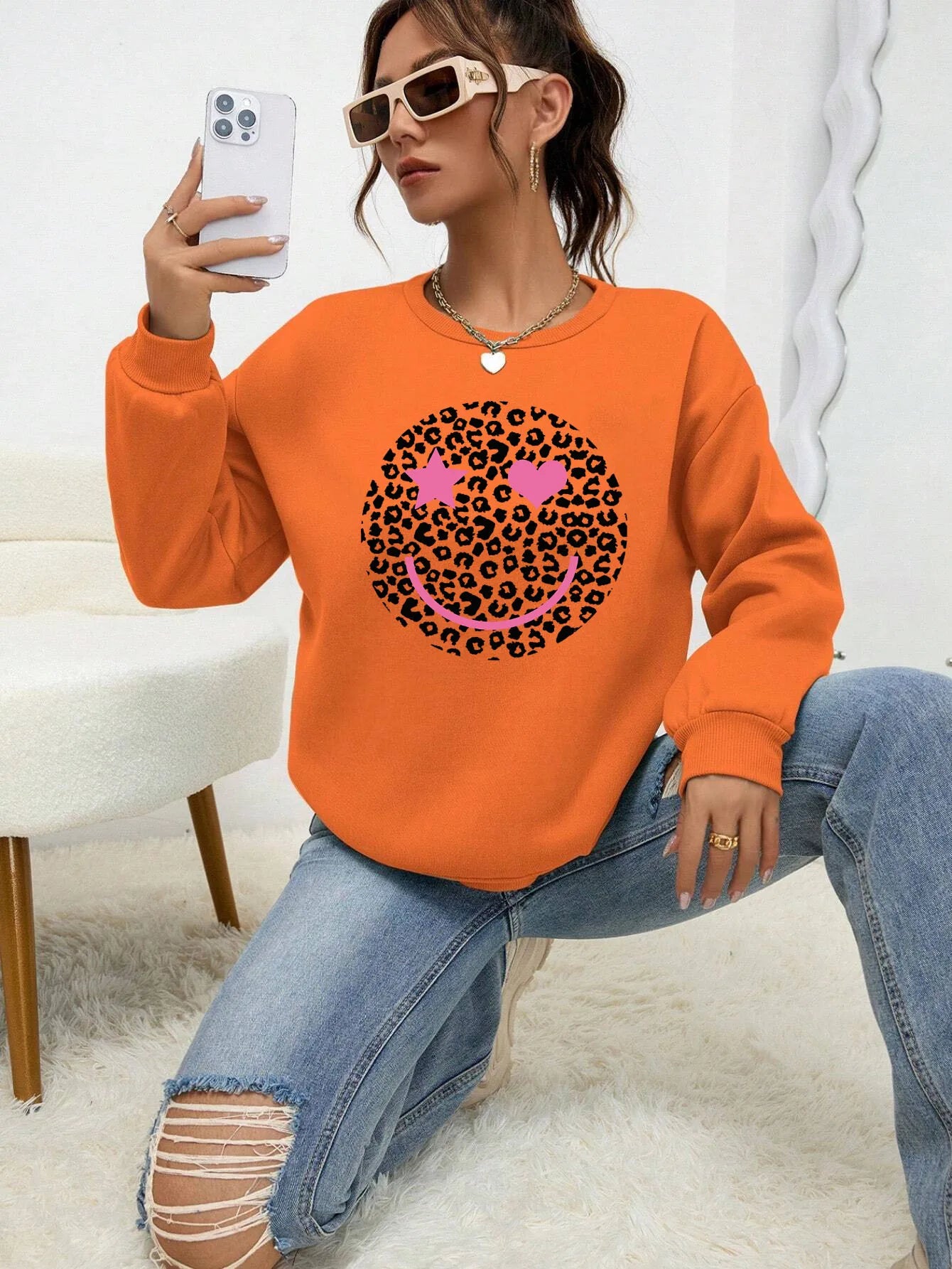Street-wave Leopard Print Sweatshirt For Women Cotton Blend Comfortable Trendy Everyday Wear