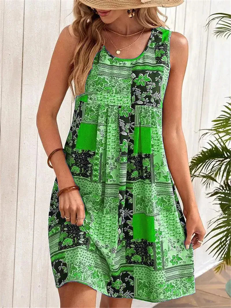 Street-Wave Sleeveless A-Line Dress Women Breezy Patchwork