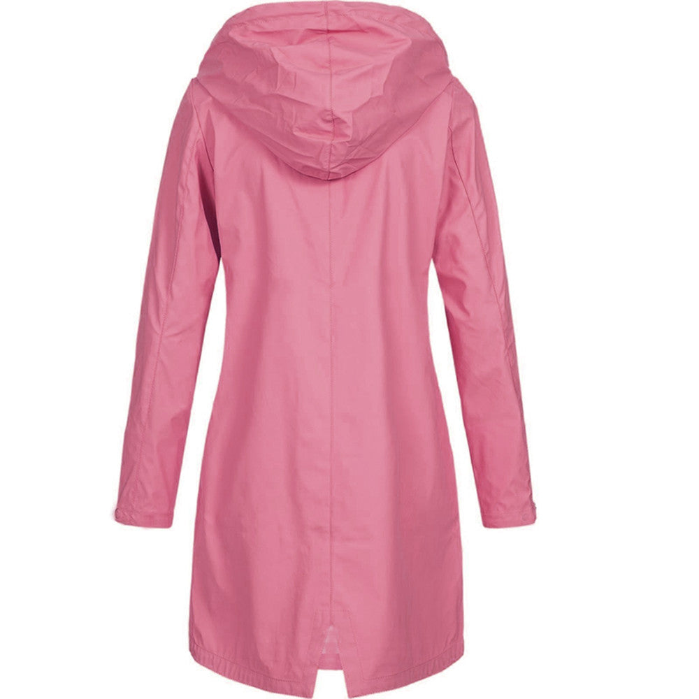 Street-wave Waterproof Hooded Parka For Women All Season Rain Coat Long Stylish With Pockets