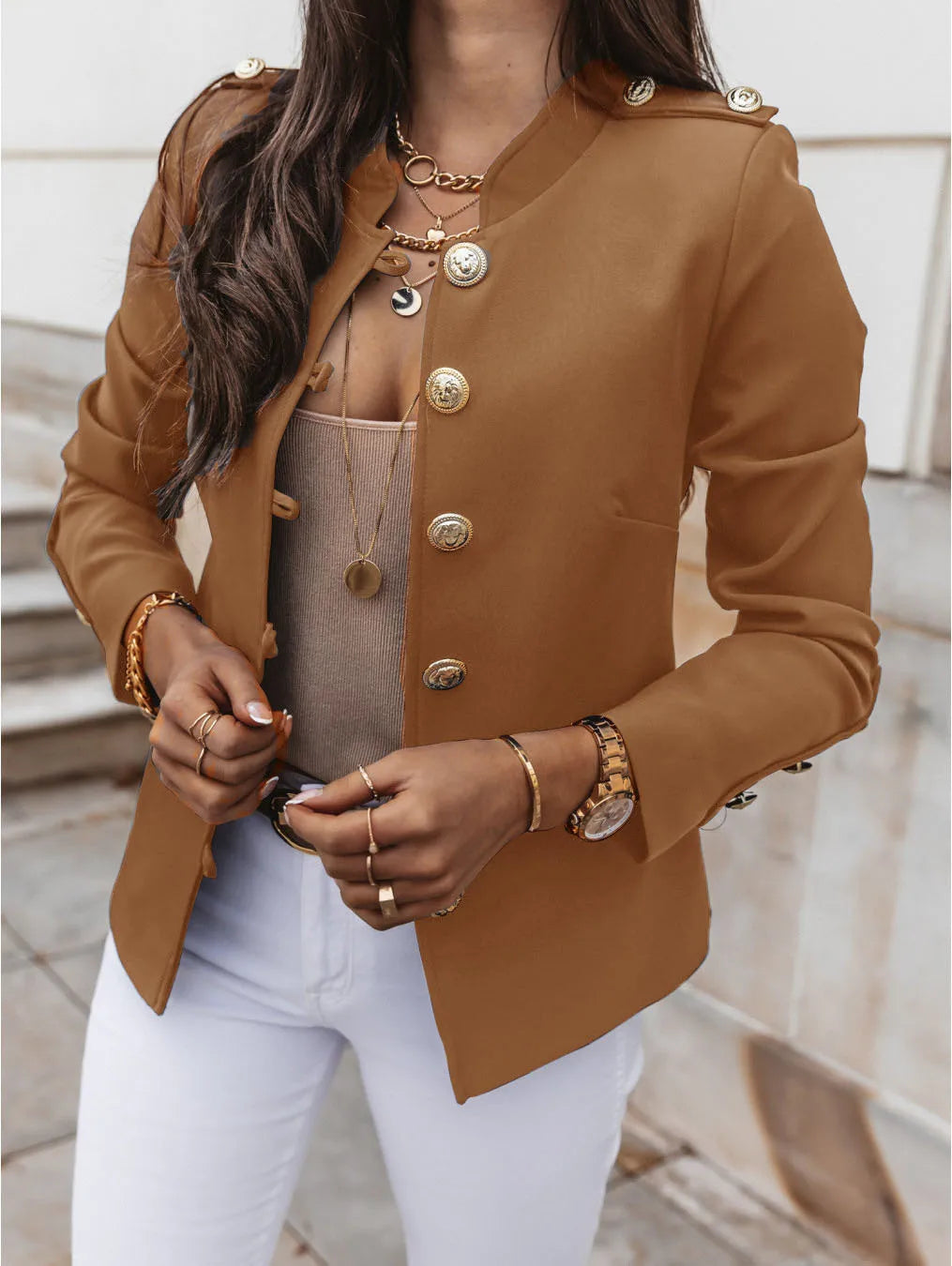 Street-Wave Luxury Blue Jacket For Elegant Women With Gold Button Blazer Premium Comfort And Style