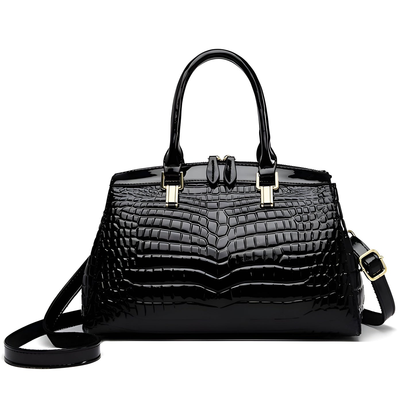 Street-Wave Camila Embossed Croc Bag - Glossy Vegan Patent Leather With Gold Hardware