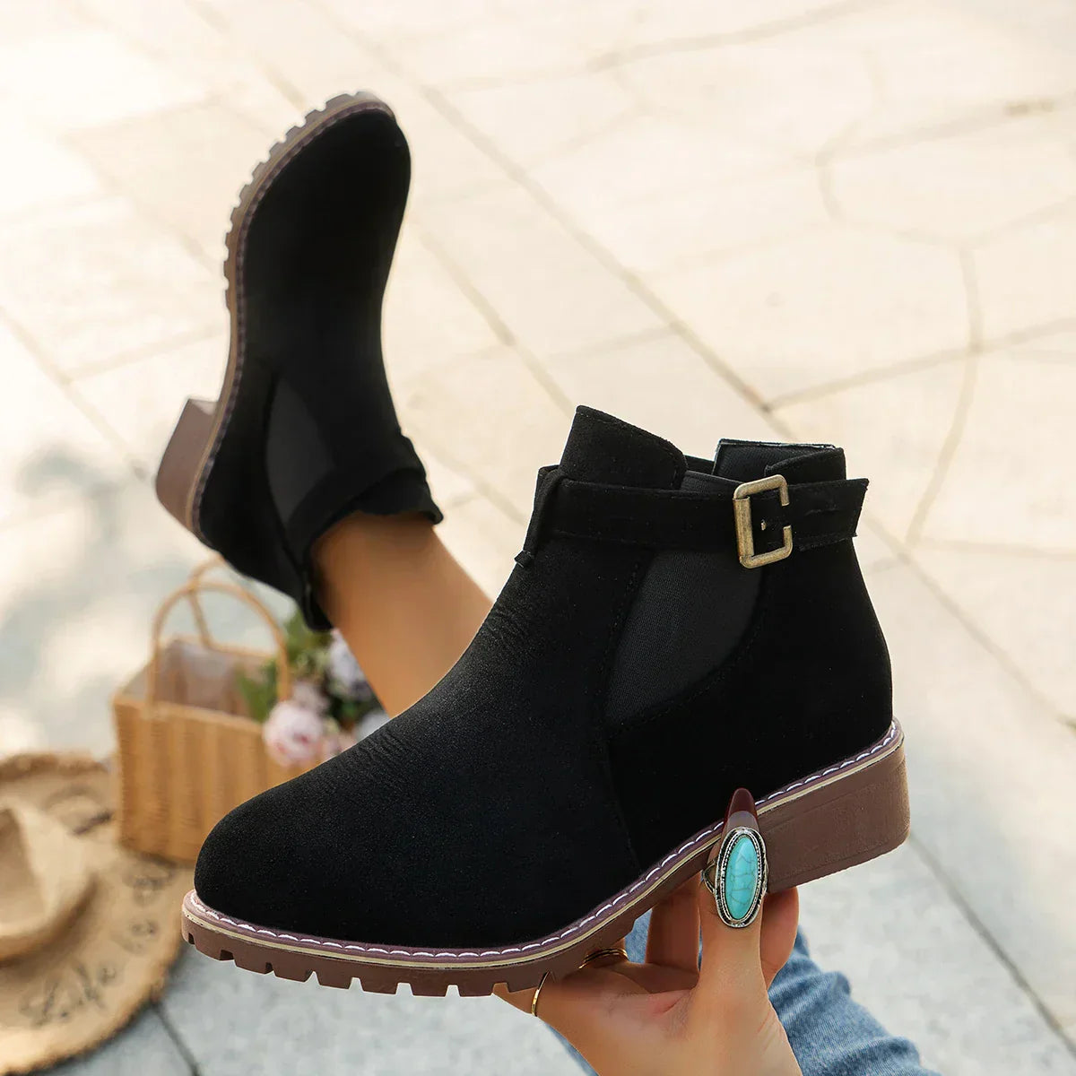 Streetwave Black Suede Chunky Mid Heel Ankle Boots With Buckle Strap For Women All Day Comfort