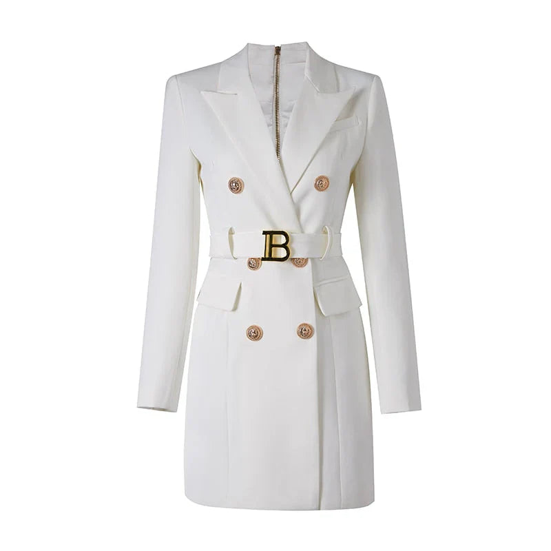 Street Wave Classic Office Blazer Dress With Belt For Professionals And Luxurious Buttons