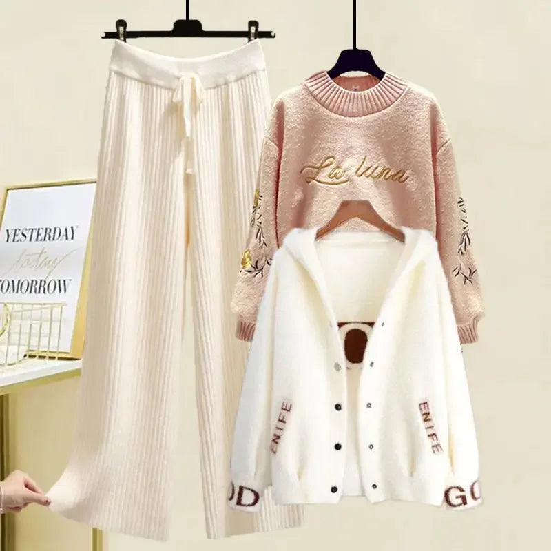 Street-wave Women Winter Three-Piece Set Cozy Knit Cardigan Sweater With Elegant Coat