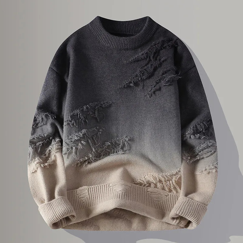 Street-Wave Nuvair Gradient Knit Sweater For Men With Ombre Fade And Distressed Texturing