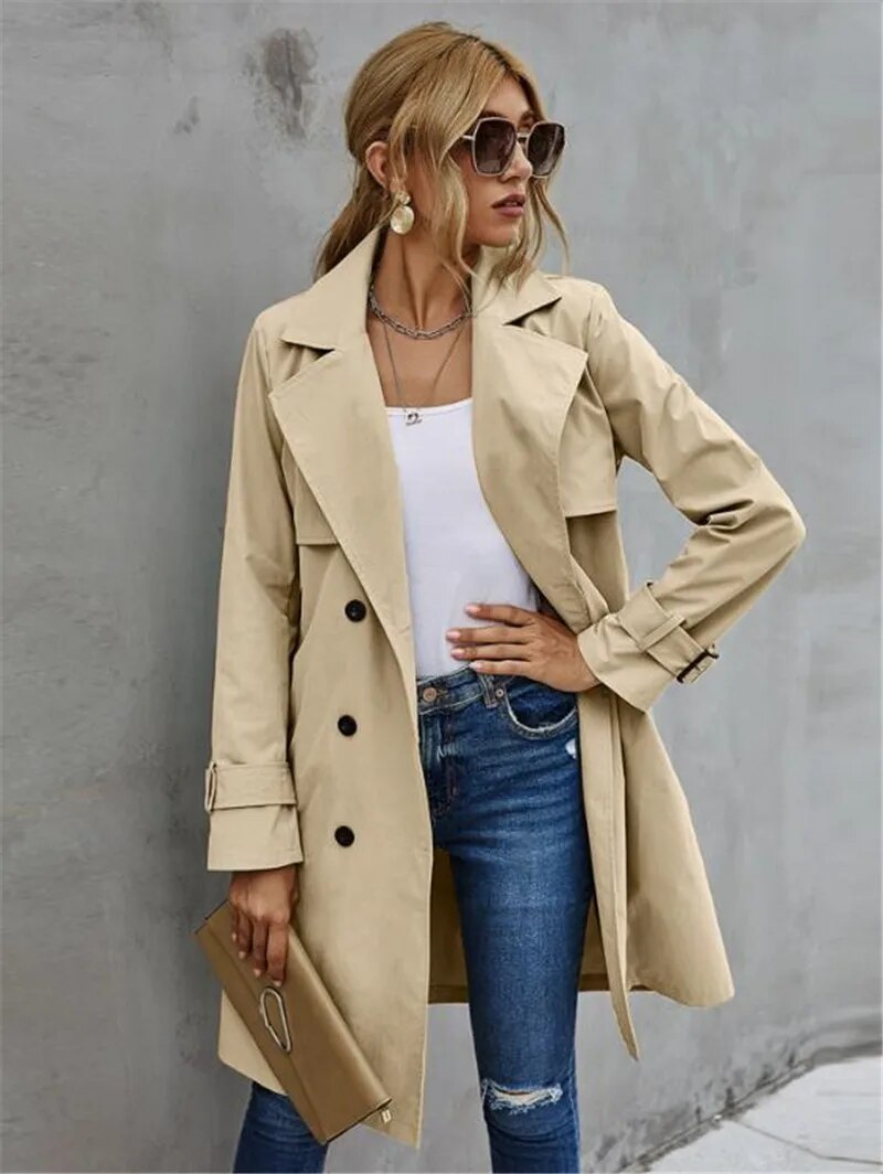 Street-Wave Trench Coat For Women Slim Fit Belted Double-Breasted Stylish All-Season Outerwear