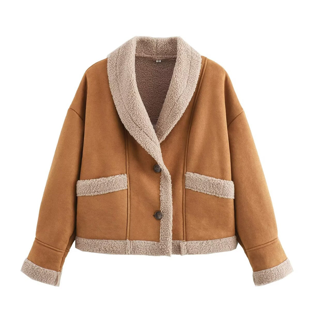 Street-Wave Womens Winter Chic Suede Jacket With Shearling Lining And Pockets For Warmth