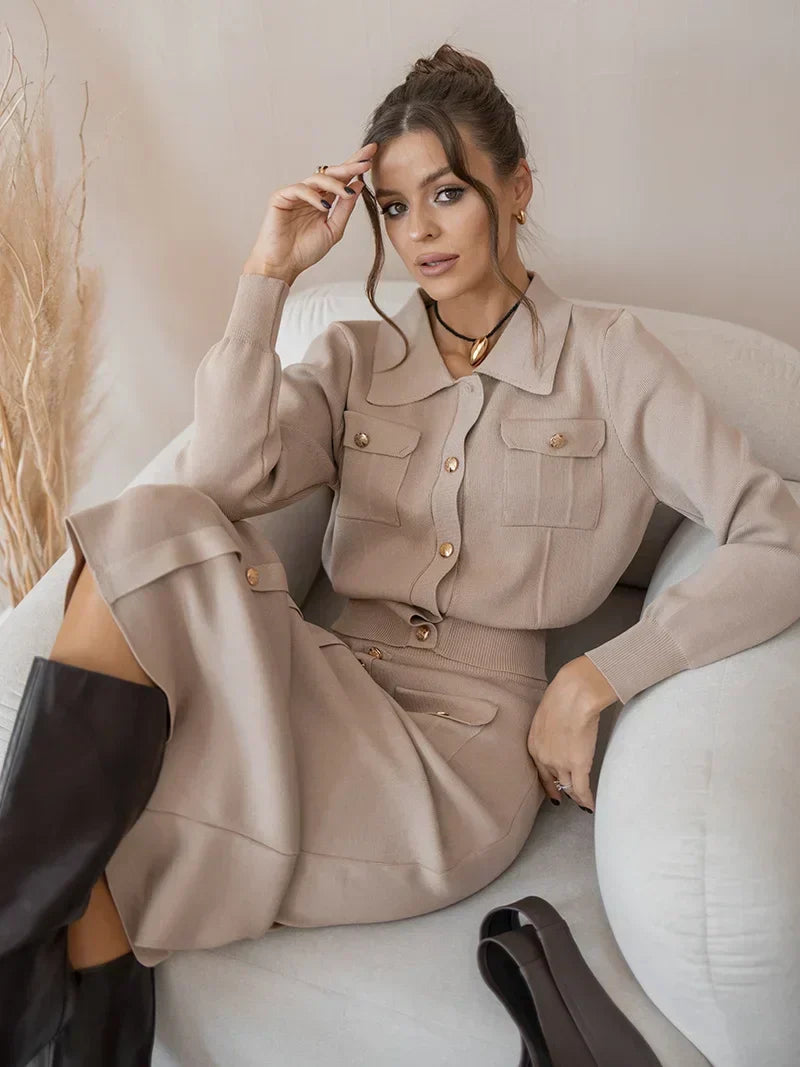 Lusitha Vintage Knit Blazer And Skirt Set For Women Warm, Elegant Fall Winter Ensemble
