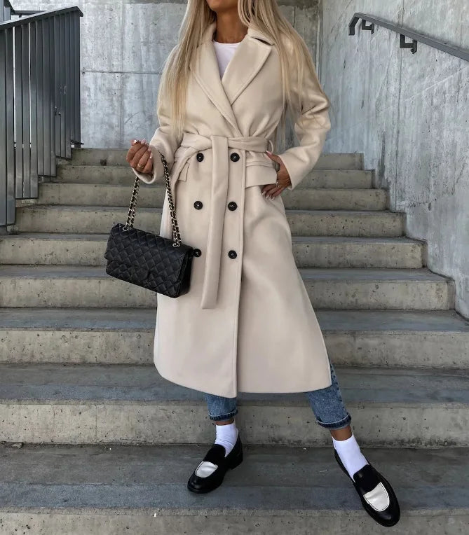 Street-wave Tailored Wool Coat With Belt For Women Double Button Luxury Silhouette