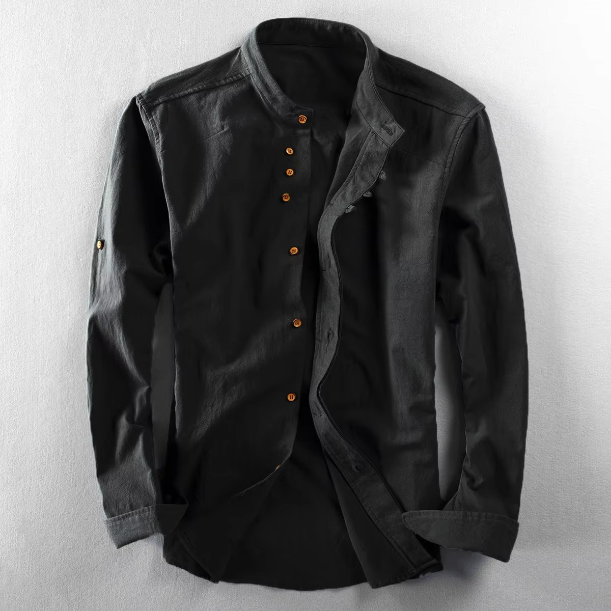 Street-Wave Men's Cotton Linen Stand Collar Shirt Retro Chinese Style Long Sleeve Top Sizes M Through 7XL