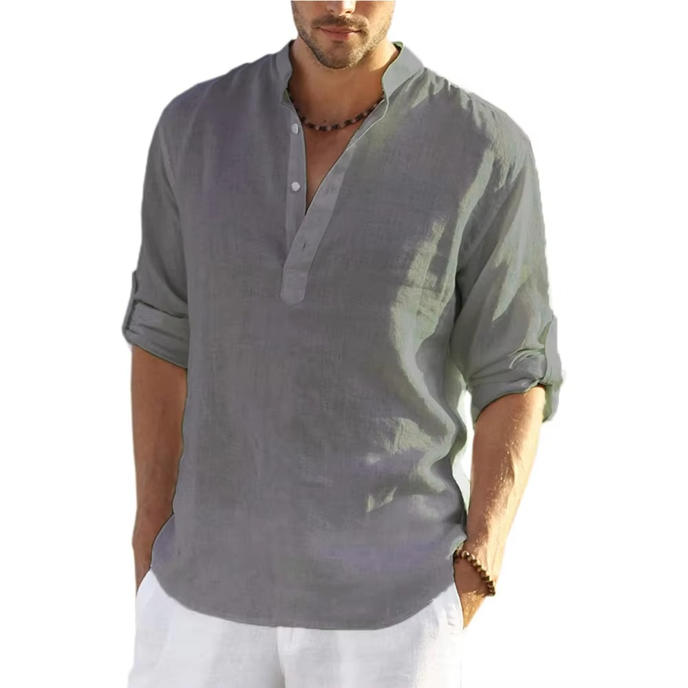 Mens Cotton Linen Casual Shirt Long Sleeve Lightweight Top Relaxed Fit Breathable Everyday Wear By Street-Wave