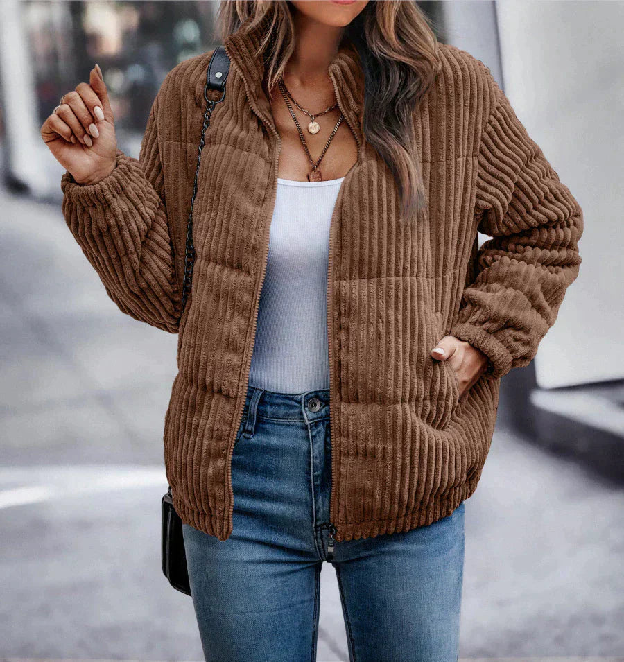 Street-wave Women's Corduroy Puffer Jacket Cozy Warmth Chic Short Winter Coat For Cold Weather Style