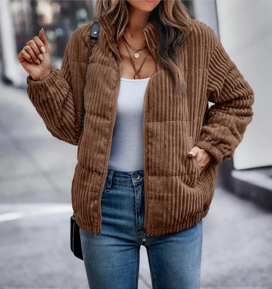 Street-wave Women Corduroy Puffer Jacket Cozy Warmth with Classic Fit for Daily Wear