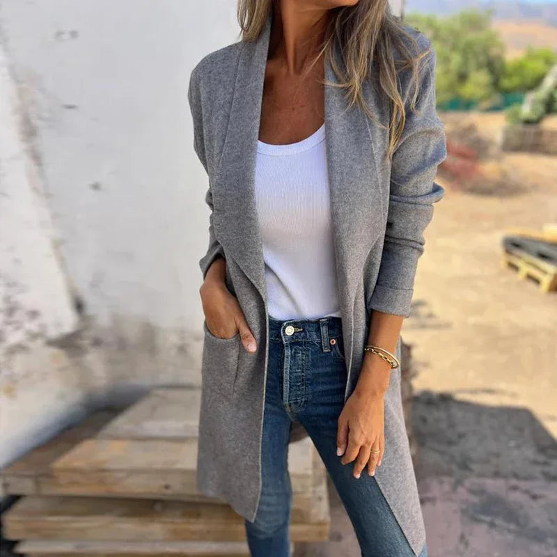 Street-wave Solid Mid Length Cardigan For Women Elegant Cozy Knit Coat With Soft Comfort