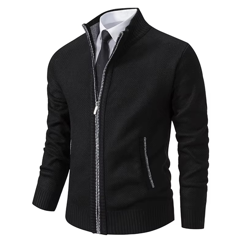 Men's Fleece Lined Stand Collar Zip Cardigan Warm Casual Jacket For Fall And Winter