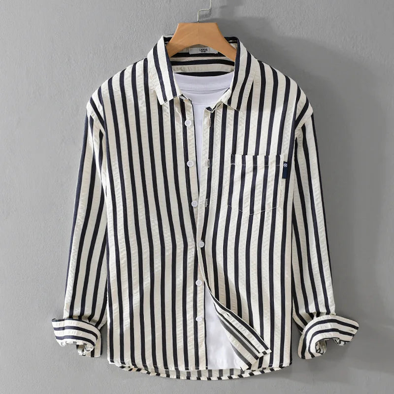 Street-Wave Men's Striped Long Sleeve Shirt With Chest Pocket Button Closure