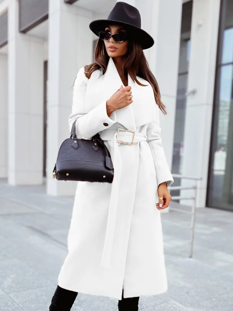 Streetwave Womens Long Tailored Coat With Wide Collar And Belted Waist For Women Elegant Office Ready Style