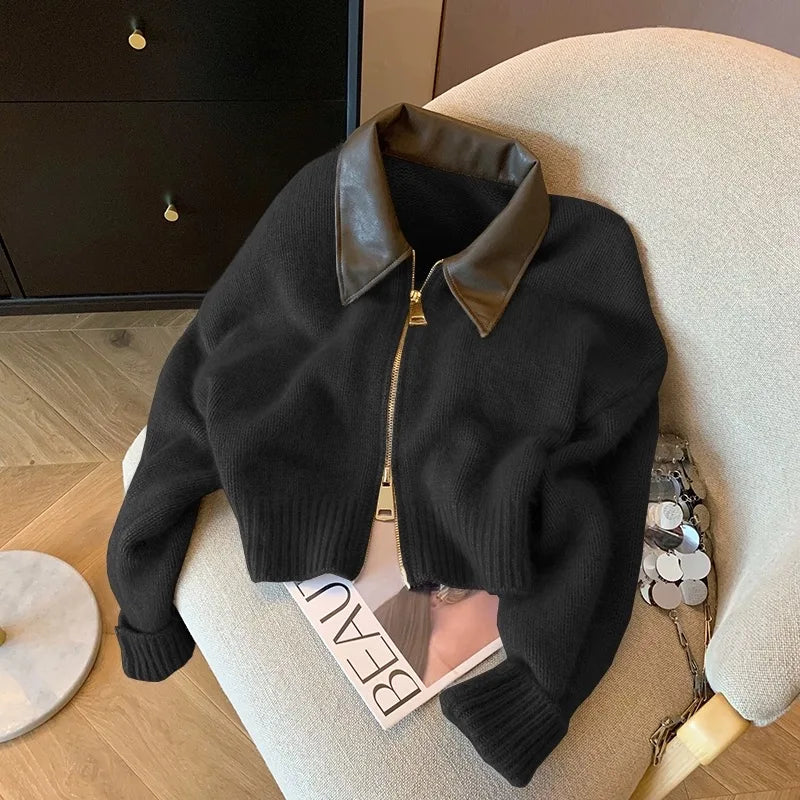 Street-Wave Dawn Jacket Women Warm Cozy Knit With Leather Collar And Split Detail