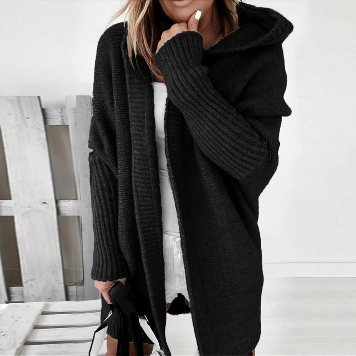 Street-Wave Oversized Knit Coat With Hood For Plus Size Women Cozy Warmth And Comfort