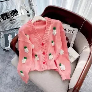 Street-Wave Moonlight Serenade Cardigan For Women With Floral Appliqué And Cozy Fur Trim