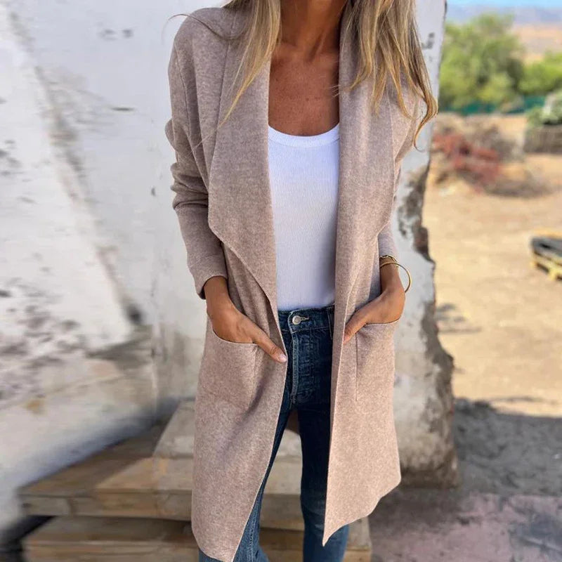 Street-wave Solid Mid Length Cardigan For Women Elegant Cozy Knit Coat With Soft Comfort