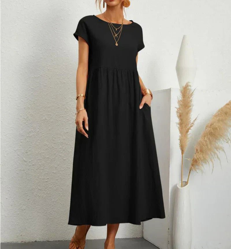 Street Wave Women's Midi Dress With Comfortable Structured Bust Detail Airy Cotton Linen Blend For Everyday Summer Look