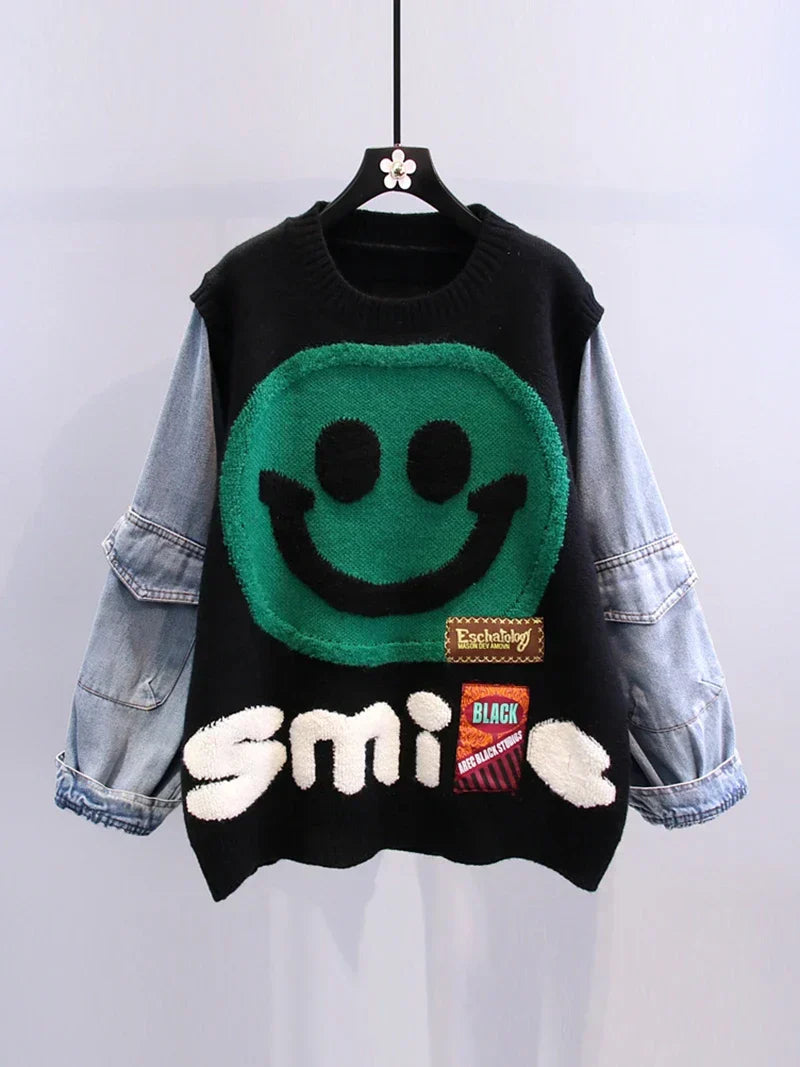 Street-wave Smiley Patch Sweater for Women, Oversized Cozy Winter Knit with Denim Sleeves, Bold Casual Streetwear