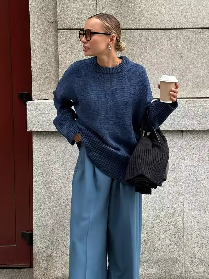 Street-wave Oversized Knit Sweater For Women With Crew Neck Cozy Comfort And Modern Chic