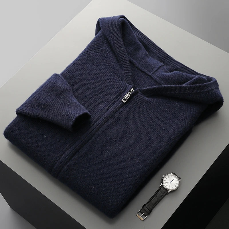 Renlow 100 Percent Wool Zip Up Hoodie For Men Thick Heavyweight Knit With Structured Hood