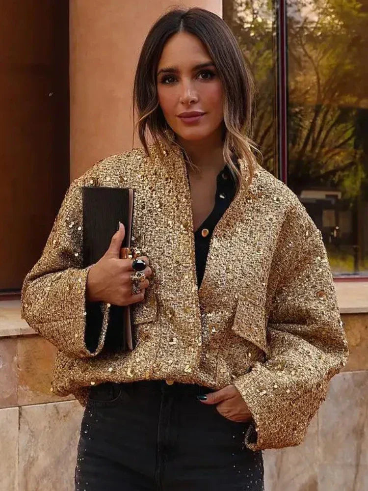 Street-wave Metallic Glitter Bomber Jacket For Women, Modern Design, Chic Everyday Style