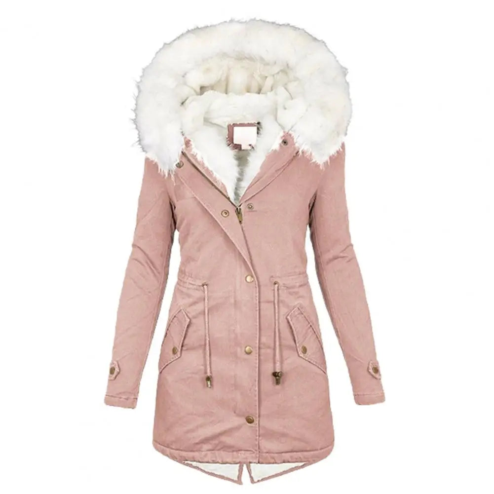 Street-Wave Long Parka Coat With Faux Fur Hood Warm Padded Winter Coat For Women