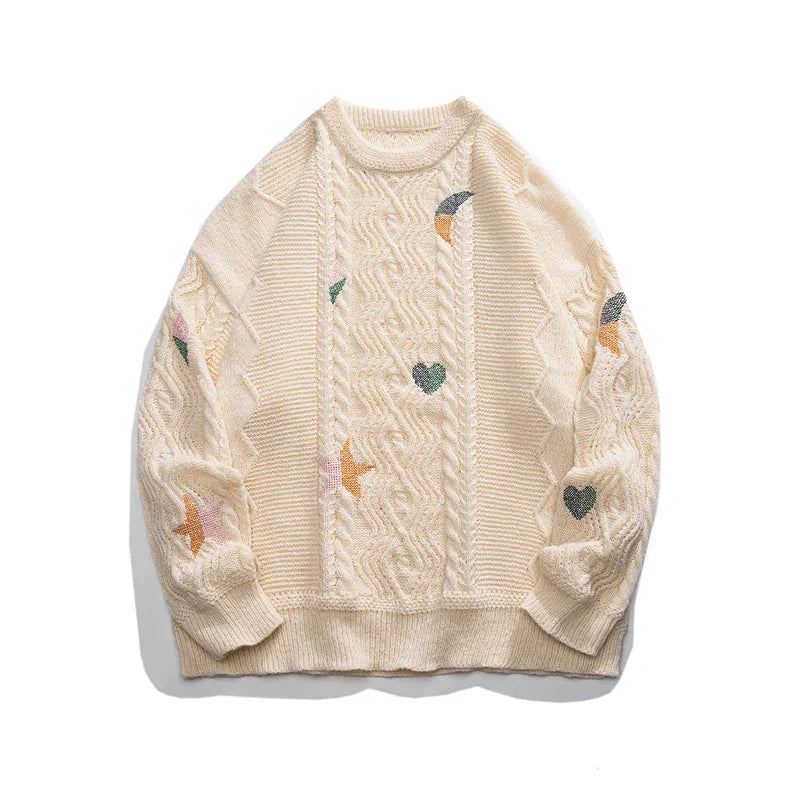 Astral Projection Embroidered Sweater For Men Heavyweight Knit With Classic Crew Neck And Relaxed Fit