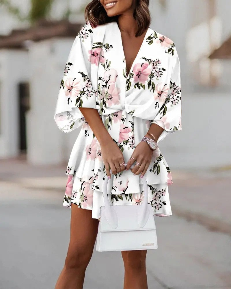 Street-Wave Floral V-Neck Mini Dress For Women With Knot Detail And Tiered Ruffle Skirt