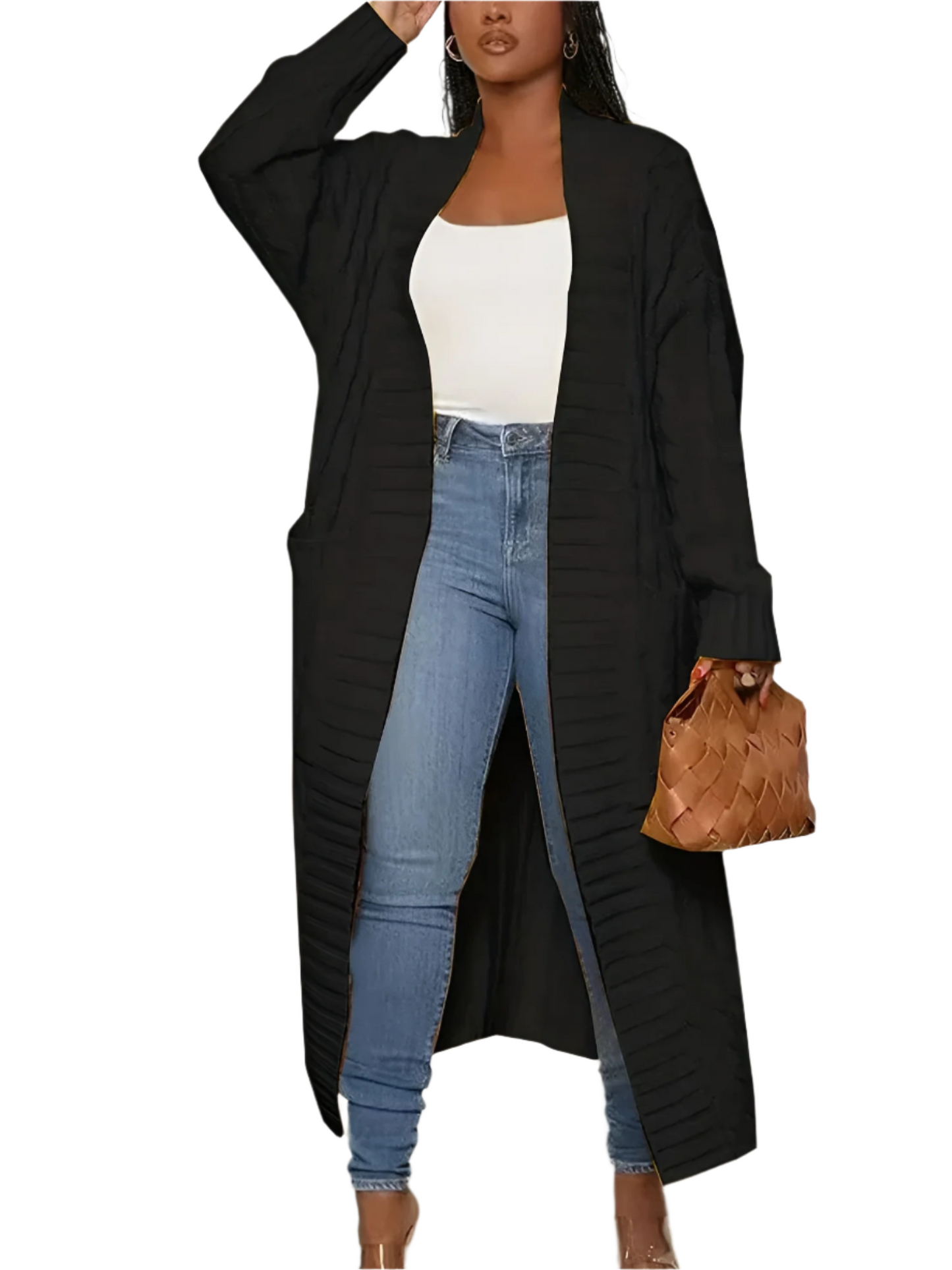 Street-Wave Long Knit Cardigan For Women Open Front Draped Texture Pink Cozy Warmth