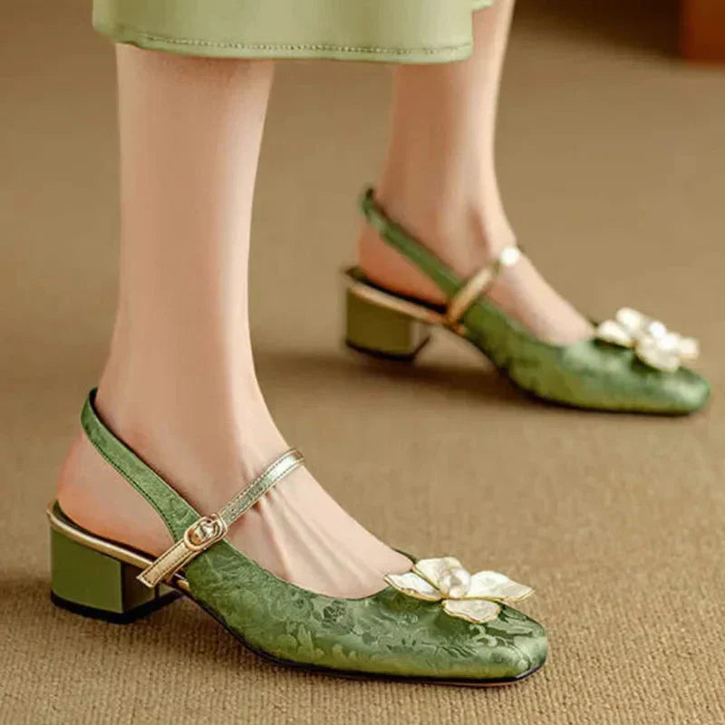 Women's Floral Slingback Pumps with Square Toe and Block Heel