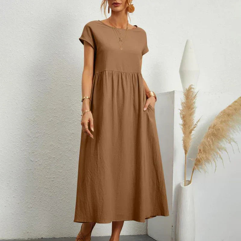 Street Wave Women's Midi Dress With Comfortable Structured Bust Detail Airy Cotton Linen Blend For Everyday Summer Look