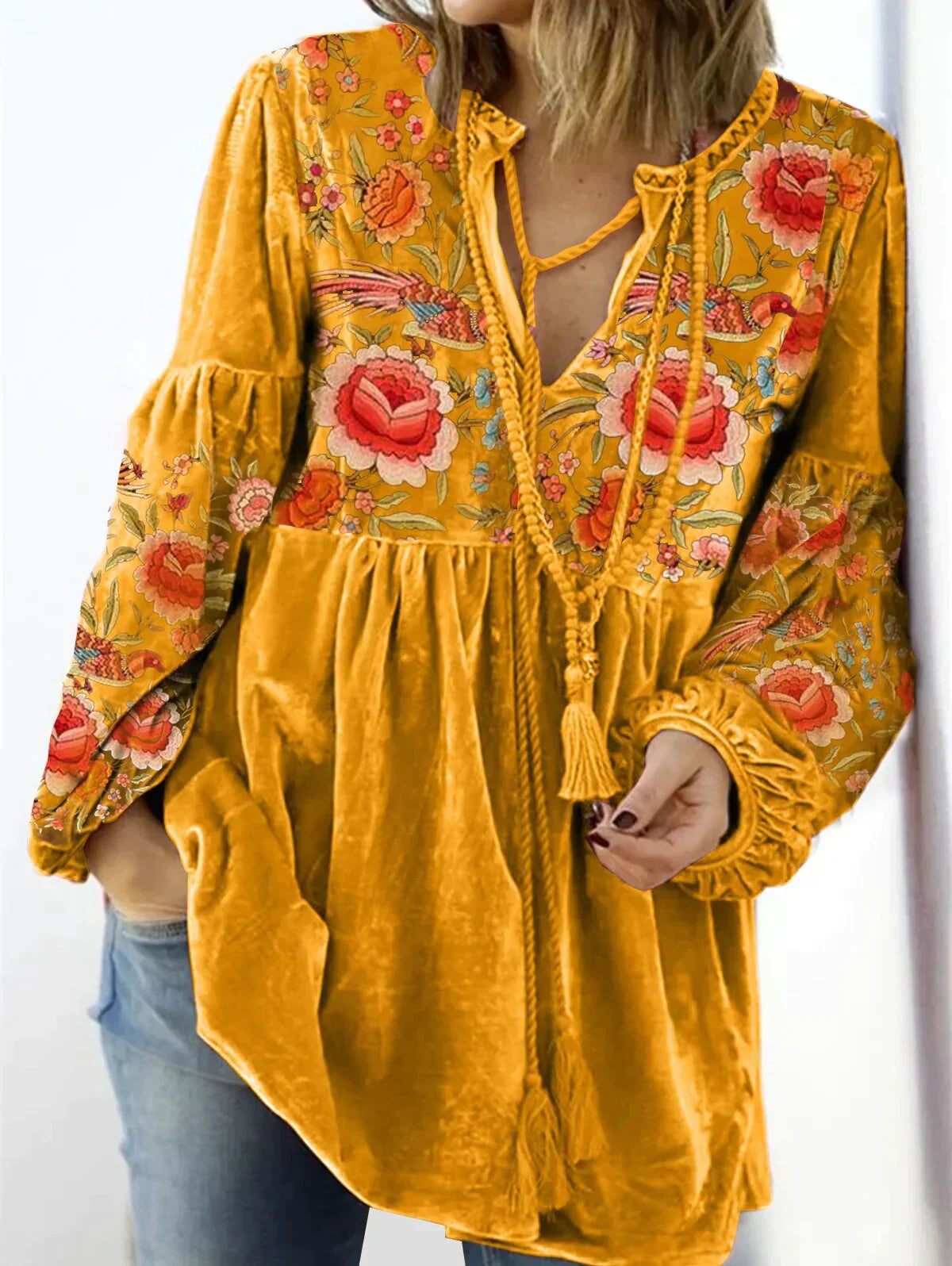 Camilla Vintage Floral Velvet V Neck Pullover For Women Boho Chic Essential Soft Velvet Texture