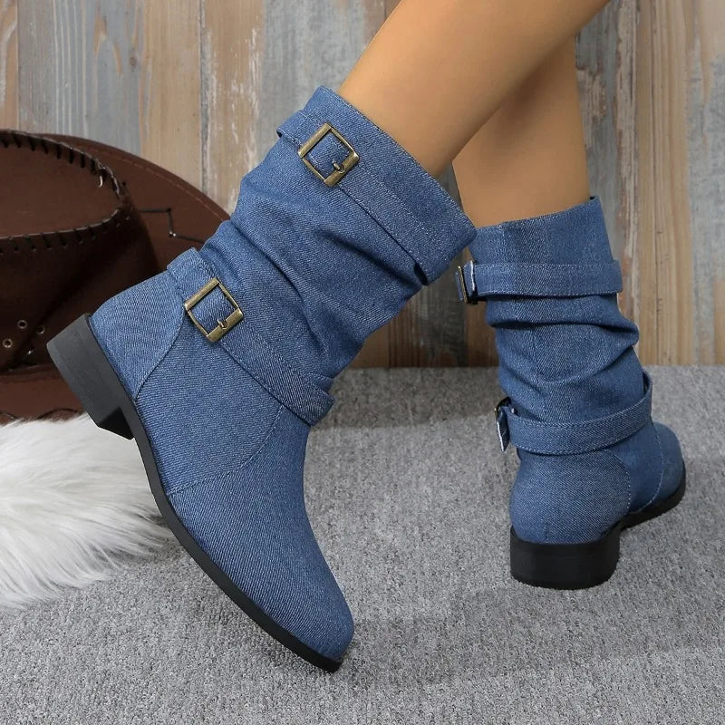 Street-wave Denim Buckle Ankle Boots for Women with Comfortable Block Heel All Day Comfort