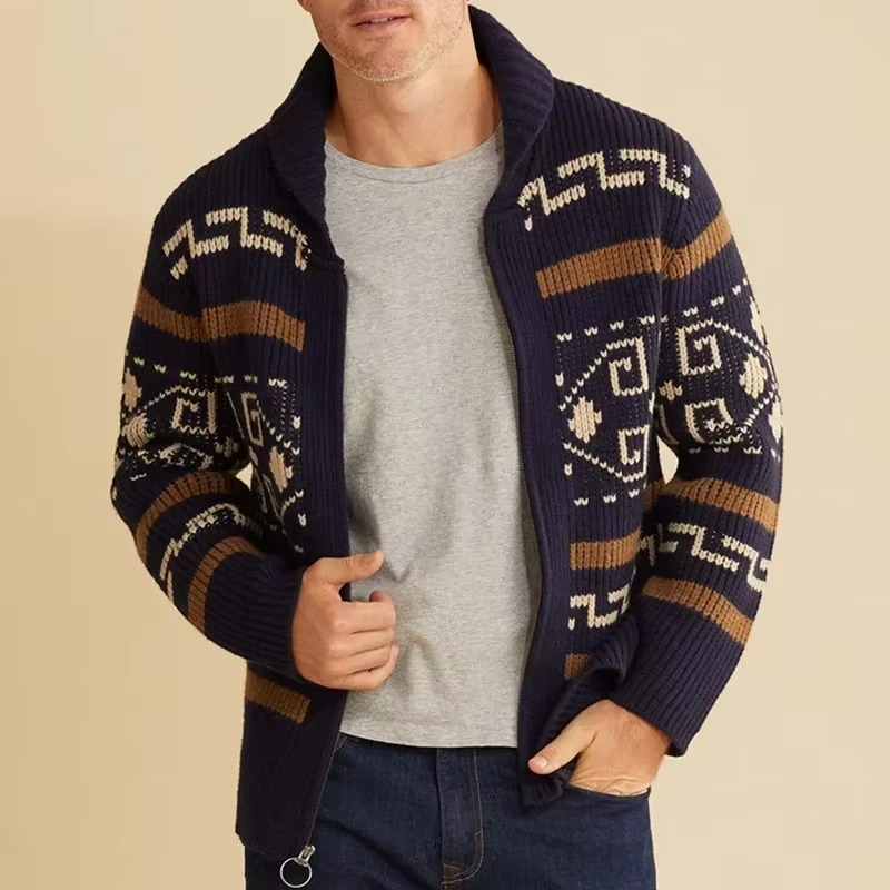 Street-Wave Men's Vintage Jacquard Knit Shawl Collar Zipper Cardigan Warm Winter Layering For Everyday Wear