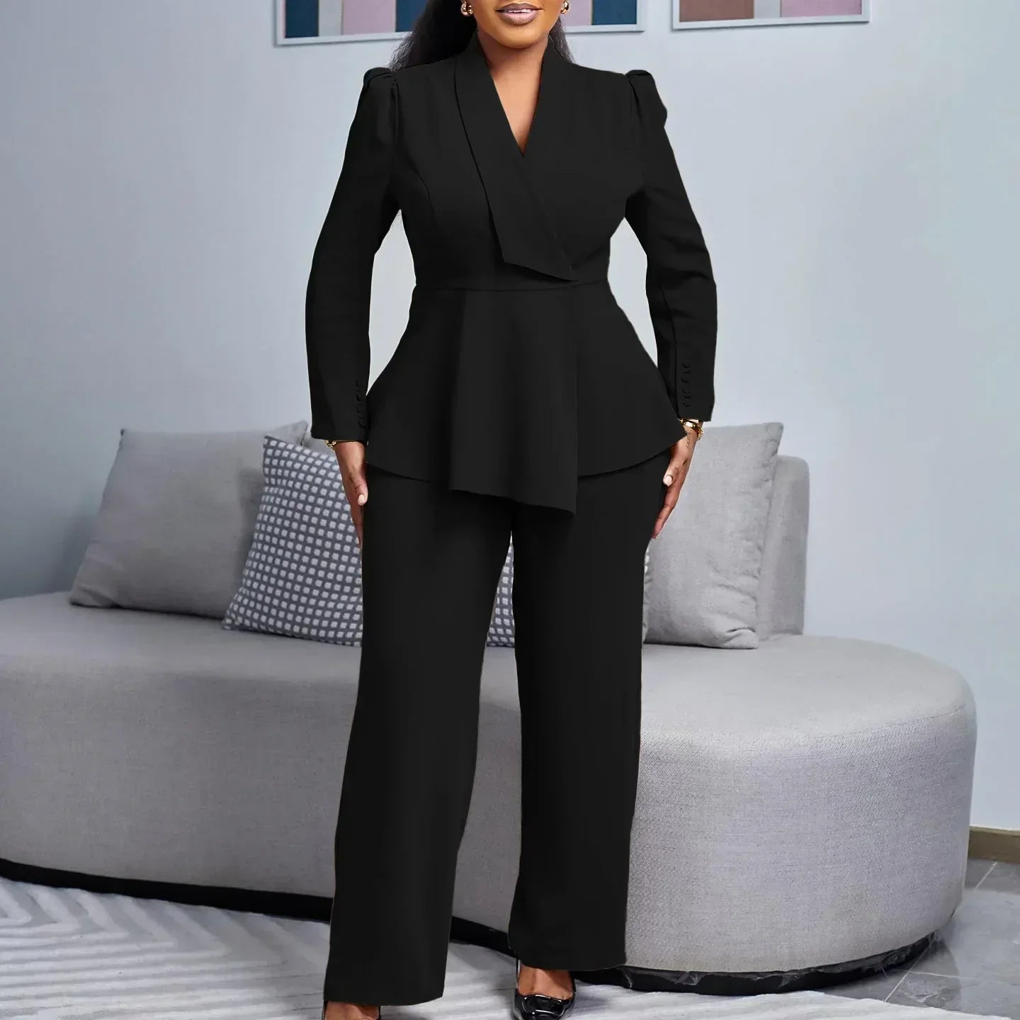 Street Wave Formal Suit Set Women Tailored Peplum Blazer