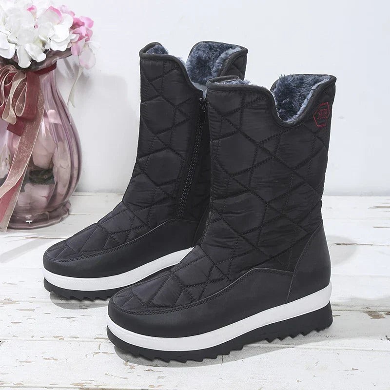 Street-Wave Waterproof Winter Boots Mid-Calf For Women Cozy Warm Dry Snow Boots With Plush Fur-Lined Interior