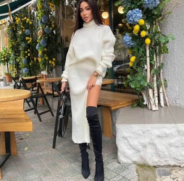 Street-wave Luxury Knit Sweater Set With Turtleneck And Slit Skirt For Chic Women