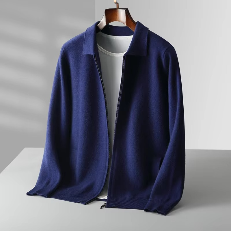 Street-Wave Men's 100 Percent Wool Cardigan Sweater With Classic Knit Lapel Design For Timeless Warmth
