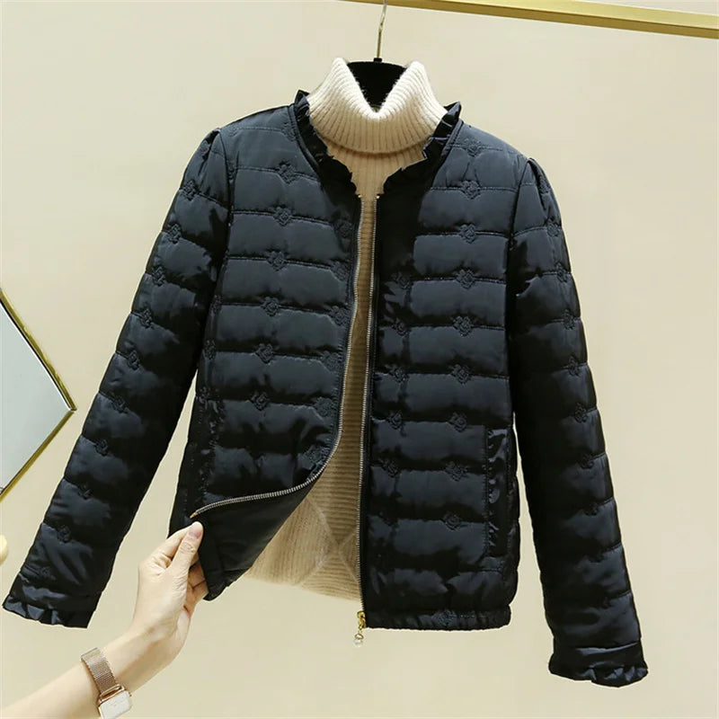 Street-Wave Lightweight Puffer Jacket With Ruffle Hem For Women Casual Chic Outerwear