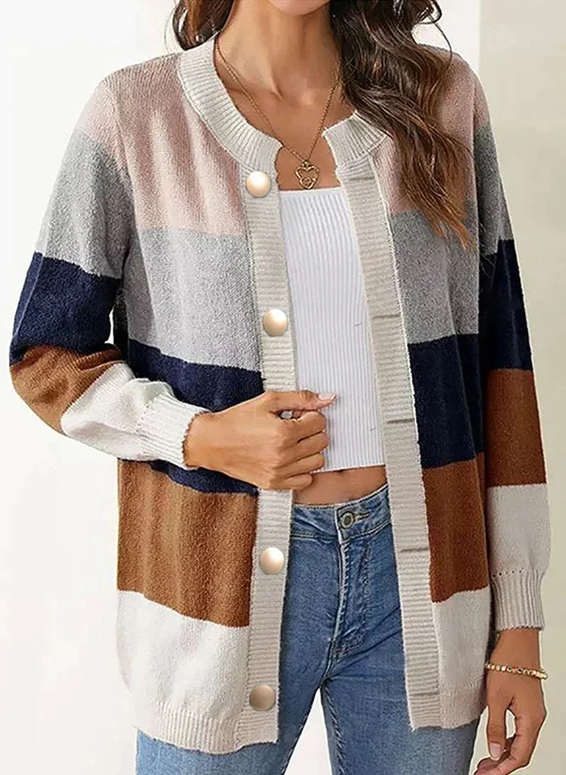 Street-wave Multicolor Striped Cardigan For Women With Pearl Buttons, Cozy Knit Layer