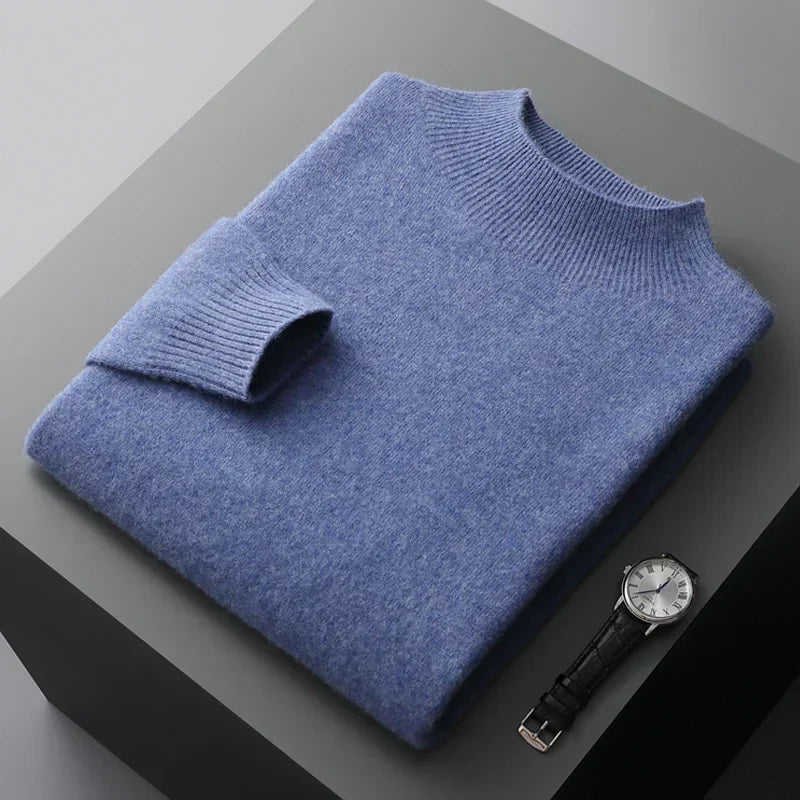 Men's Wool Knit Sweatshirt Regular Fit With Semi Turtleneck And Ribbed Cuffs For Winter Style