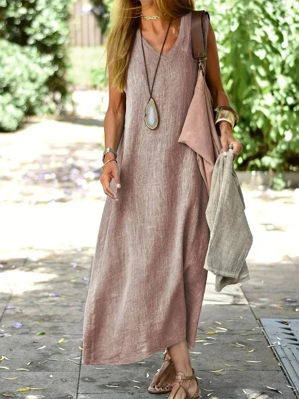 Geneva Dress By Street Wave Breathable Linen Cotton Maxi For Women Sleeveless V Neck Casual Vacation Ready