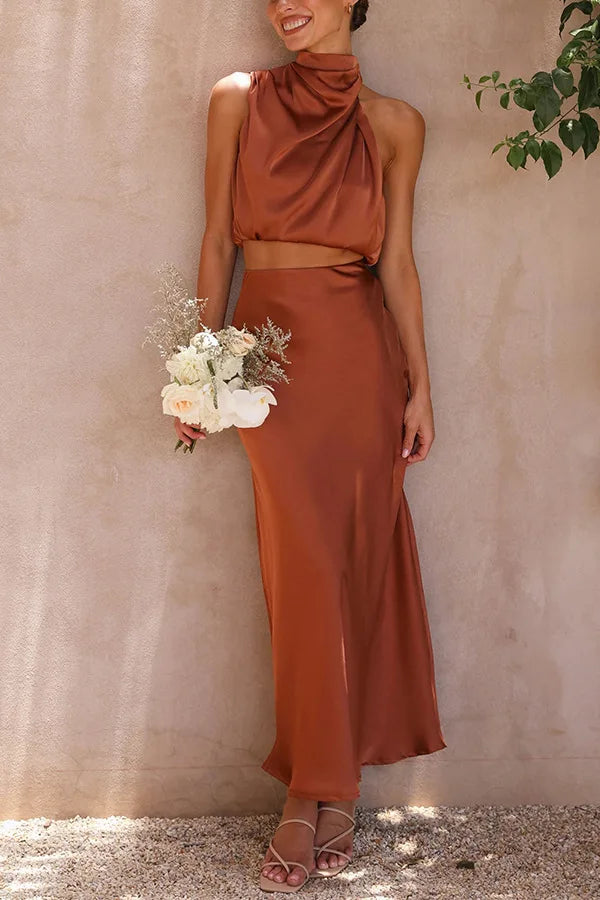 Street Wave Two Piece Satin Summer Set With Draped Sleeveless Blouse And Long Skirt For Women