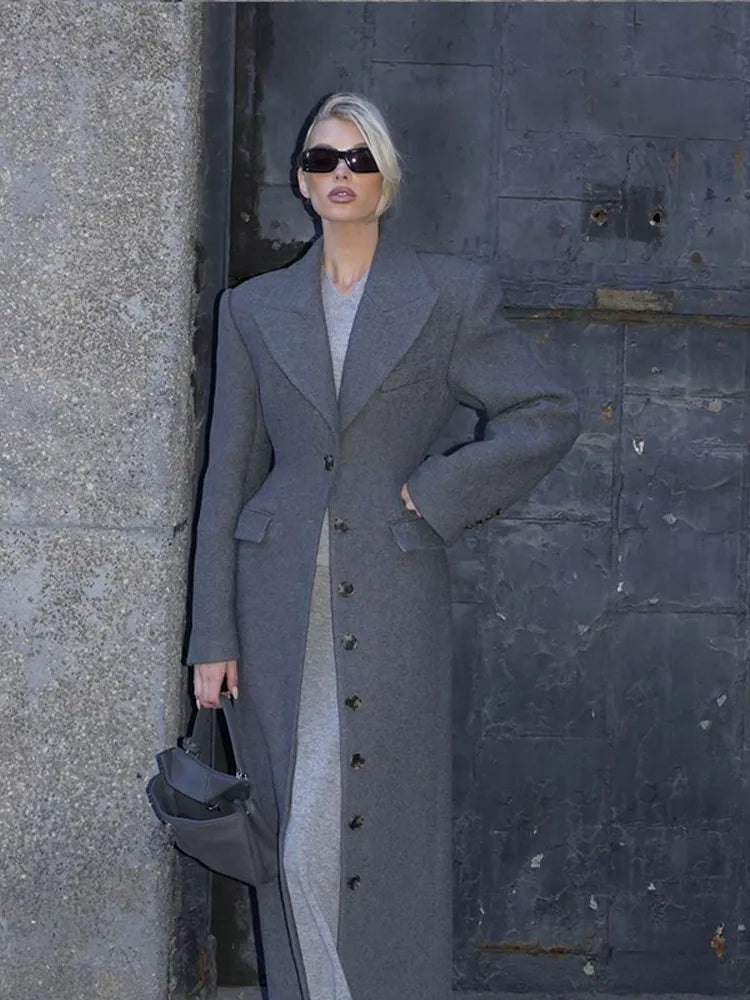 Street-wave Wine Red Long Wool Coat for Women with Lapel Collar - Elegant Warmth